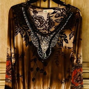 Beautiful.Long shirt / dress., brown, black & silver slightly used,very elegant!